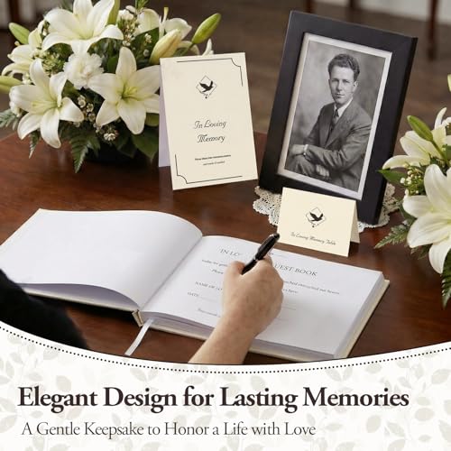 Image of Funeral Guest Book Set - Ivory Linen Hardcover with Black Gold Foil, 120 Acid-Free Lined Pages, Includes Table Sign & Welcome Card | 8.66x6.69 inch Memorial Sign-In Book for Funeral & Celebration of Life
