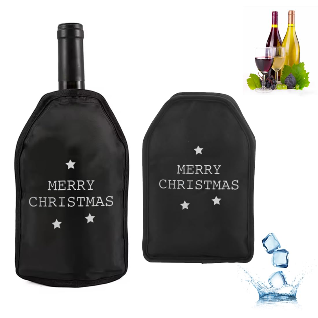 Ice Wine Sleeve, Ice Wine Chiller, Wine Cooler Refrigerator, Wine Bottle Chiller Cooler for Red White Champagne or Sparkling. Gel Cooling Holder Freestanding Carrier Chilling, Set 2 (Black/Santa)