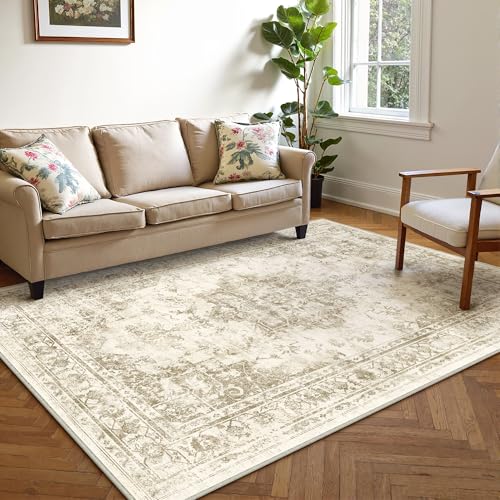 PureCozy Tappeto Salotto Moderno, Tappeti Camera Da Letto, 150x210 cm Tappeto Vintage Corridoio Antiscivolo Lavabile Pelo Corto per Cucina, Soggiorno, Ufficio, Interno,Beige