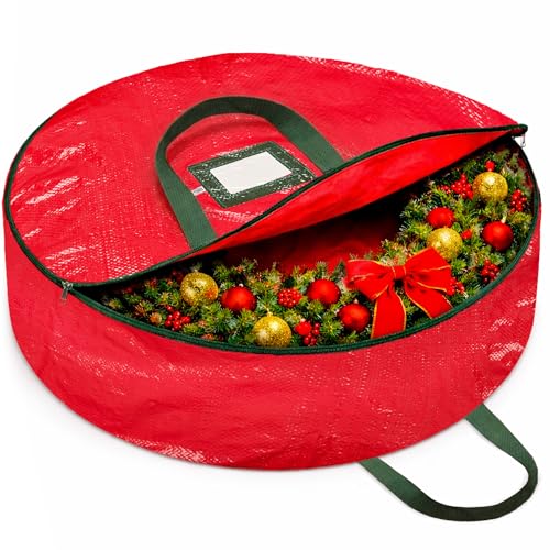 ZOBER Christmas Wreath Storage Container 30 Inch - Wreath Bag for Artificial Wreaths Box - Dual Zippered Wreaths Storage Bag with Strong Durable Handles - Red