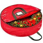 ZOBER Christmas Wreath Storage Container 24 Inch - Wreath Bag for Artificial Wreaths Box - Dual Zippered Wreaths Storage Bag with Strong Durable Handles - Red