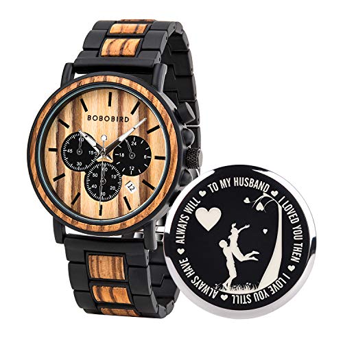 BOBO BIRD Mens Personalized Engraved Wooden Watches, Stylish Wood & Stainless Steel Combined Quartz Casual Wristwatches for Men Family Friends Customized Watch (C-for Husband)