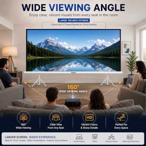Image of TONZO 150 Inch Tripod Projector Screen with Stand 8ft(H)*10ft(W), 4:3 Projection Screen with Adjustable Stand, Indoor & Outdoor Wrinkle Free White Matte Fabric Projection Screen for Home & Office