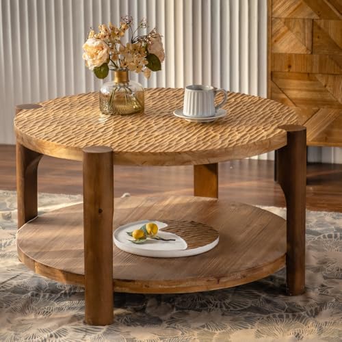 Round Solid Wood Coffee Table – 35" Modern Farmhouse Living