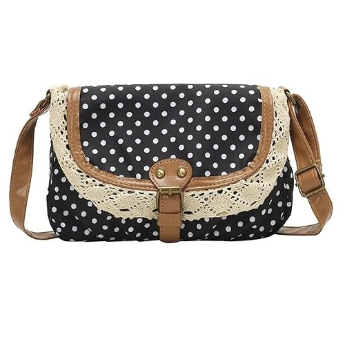 JOLILUNA Whimsy Twee Brown Polka Dot Crossbody Purse with Lace Accents - Vintage-Inspired Adjustable Strap Shoulder Bag (black)