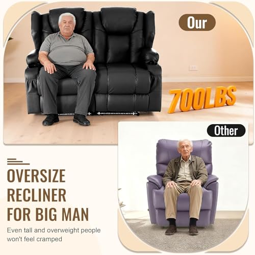 Image of Power Recliner Loveseat for Living Room, Loveseat Sofa with Center Console, USB Type-C Port, PU Leather Chair with Vibration Massage and Heat, Speaker Oversized Recliner Chair for Home Theater (Black)