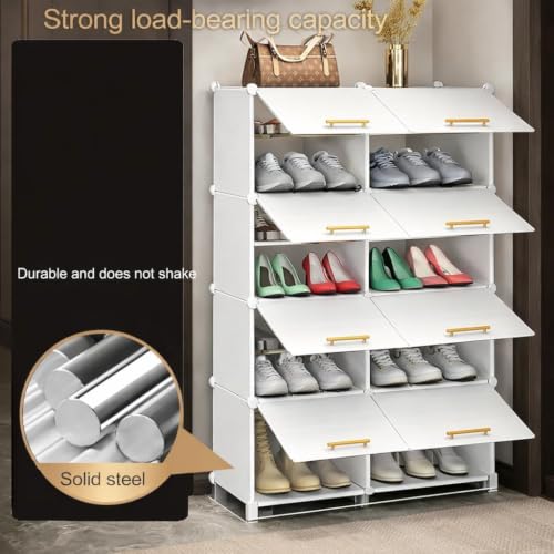 Image of Plastic Shoe Rack for Home with Door | 3-Shelf DIY Shoe Cabinet Organiser | Stores 12 Pairs | Foldable & Waterproof Shoe Stand for Entryway, Bedroom