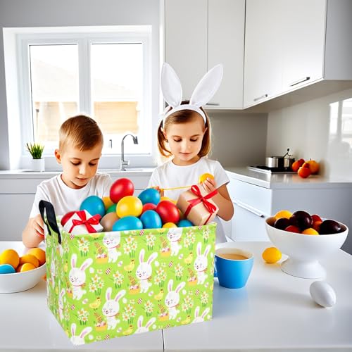 Image of Large Empty Easter Basket for Kid Fabric Personalized Bunny Eggs Easter Gift Basket for Boy and Girl (Rabbit Chicken Green Bottom)