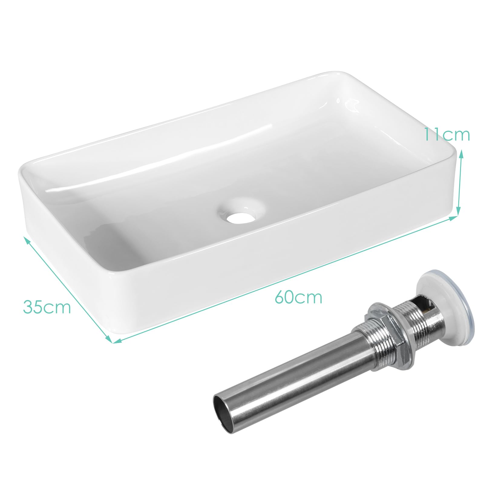 LIFEZEAL Waschbecken Keramik Weiß, Aufsatzwaschbecken Eckig, Handwaschbecken für Badezimmer & Gäste-WC, Waschschale Aufsatzbecken Modernes Design (60 x 35 x 11 cm)