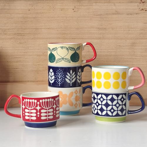 Image of Spooky Japanese Retro Ceramic Coffee Mug - 300ml Printed Stackable Cup with Handle - Creative Ins-Style Ear-Hanging Design for Milk, Tea & Espresso - Ideal Gift for Couples, Home or Cafe (Full Red)