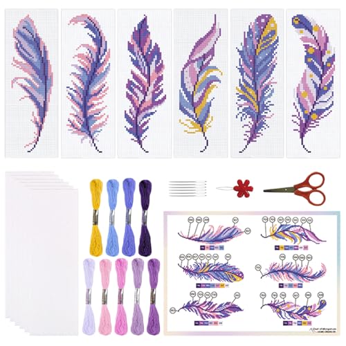 ORIGACH 6 Set Feather Cross Stitch Bookmark Kit for Beginner with Backing Felt Floss Instructions DIY Stamped Embroidery Bookmark Kit for Adults, Book Lovers