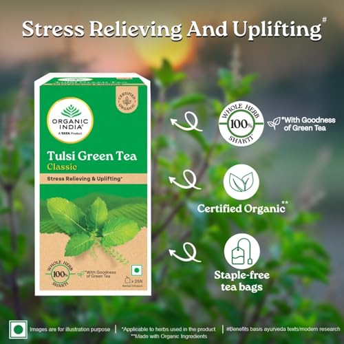 Image of A TATA Product - Organic India Tulsi Green Tea Classic - 25 Tea Bags, Uplifts Mood, Rich in Antioxidants, Blend of Rama, Krishna & Vana Tulsi, Certified Organic