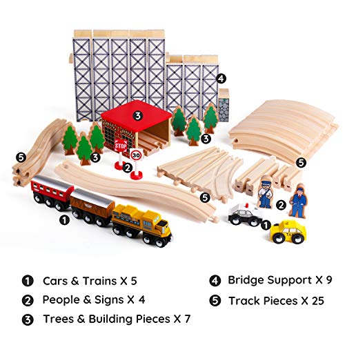Sainsmart Jr. Wooden Train Set Toy With Rail High Level Part, 50 Pcs Flyover Overpass Wooden Train Playset With 5 Magnetic Train Cars For Toddlers , Yellow #TOP1
