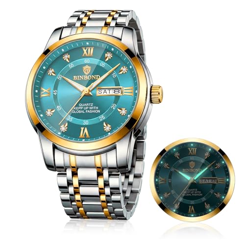 Luminex Watch for Men Diamond Business Dress Analog Quartz Stainless Steel Waterproof Luminous Date Two Tone Luxury Casual Wrist Watch - Green dial