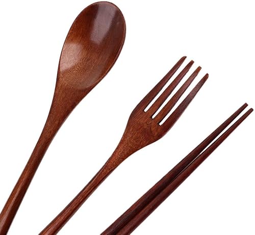 Miniatura 2 de Cubertería 3 unids tenedor palillos cuchara vajilla portátil china utensilios de madera juegos de cena utensilios de mango largo con tenedor cuchara