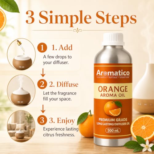 Image of AROMATICO Orange Diffuser Oil with Strong, Long-Lasting Aroma for Homes, Offices & Showrooms | Aromatherapy, Diffusers, Air Purifiers, Vaporizers - 500 ml
