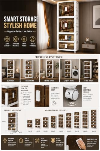 Image of EXVITO Modular Plastic Wardrobe for Bedroom | 2 Tier+2 Bins Foldable Cupboard with Hanging Rod | Stackable Storage Almirah for Clothes with Wheels | Multi-Layer Plastic Storage Cabinet - White