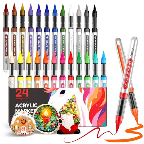Nicpro 24 couleurs marqueur peinture acrylique à base d'eau, feutre pinceau, avec contrôle automatique de l'encre, résistants à l'eau, pour les loisirs créatifs-roche, bois, verre, céramique, tissu