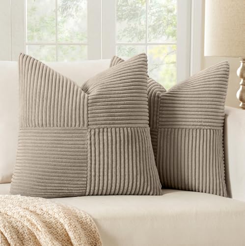 Image of MIULEE Taupe Decorative Throw Pillow Covers 20x20 Inch for Couch Bed Sofa Pack of 2 Light Brown Neutral Boho Farmhouse Throw Pillows Soft Cross Corduroy Patchwork Textured Tan Cushion Cases