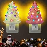 Bigmeta 2 Pack Vintage Christmas Tree Night Light for Bathroom Decor - 360° Rotating Plug Christmas Wall Decor for Kids Bedroom, Holiday Gifts, White & Pink