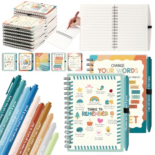 Image of Thenshop 40 Pcs First Day of School Encouragement Supplies 20 Self Care Notebooks Journals and 20 Positive Affirmation Pens Mental Health Wellness Gifts for Teacher Counselor Student (Growth Mindset)