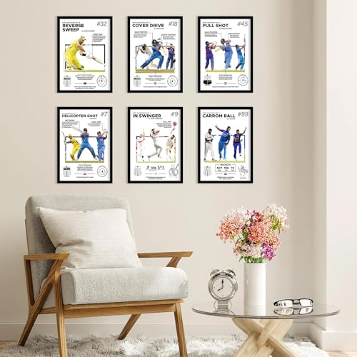 Image of CodersParadise - Cricket Stars Wall Poster Frames - Pack Of 6 | 8 x 12cm (A4 Size) | Aesthetic Artwork Framed Posters | Framed Posters For Living Room, Bedroom, Home And Office