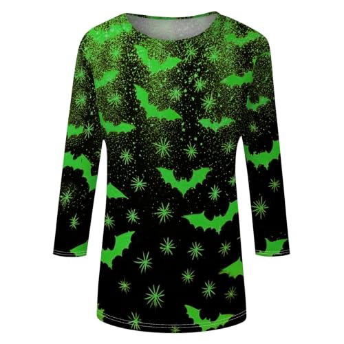 Image of Women Spooky Halloween Graphic Shirt 3 /4 Length Sleeve Crewneck Top | Halloween Funny Printed Pumpkin Plus Size Tshirts 2026 Fall Outfits Skeleton Tee Going Out Tops