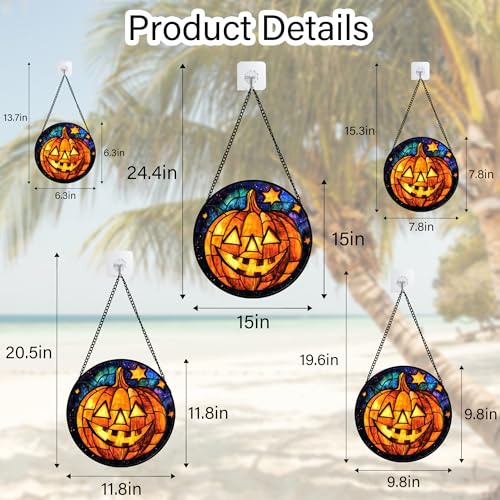Image of Stained Glass Window Hanging Halloween Horror Golden Pumpkin 6.3 inch - Suncatcher Door Garden Sunroom Gothic Style Sun Catcher Birthday for Friend Mom Men Woman Nana