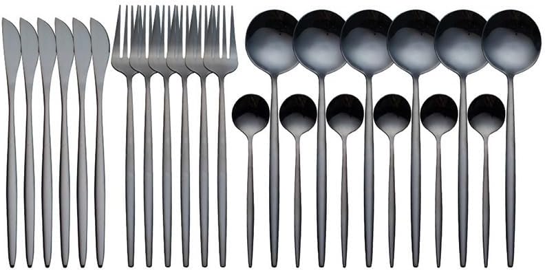 SICHER 24 Pieces Flatware Set, Stainless Steel Tableware Cutlery Set for 6 People, Mirror-Polished Stainless Steel Knife Fork and Spoon Sets for Home and Restaurant, Dishwasher Safe (Black)
