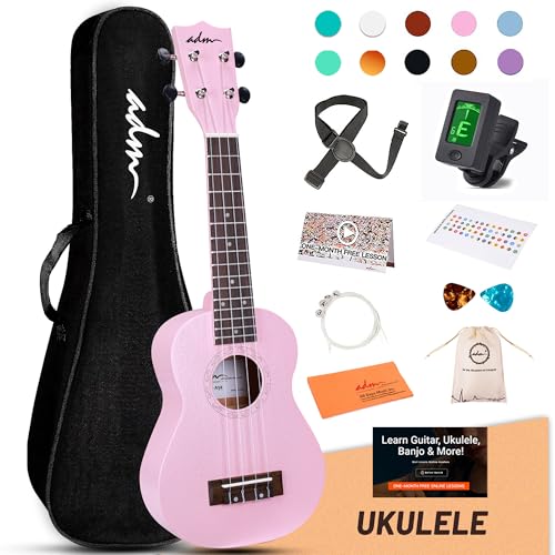Image of ADM Ukulele for Beginners Hawaiian Sapelewood Ukelele Kit for Adult Student Starter Professional Ukalelee Pack Bundle with Free Lessons Gig Bag Strap Nylon String Tuner (Pink-Sapele, 21 Inch)