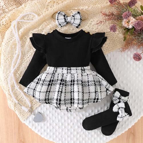Newborn Baby Girl Plaid Outfits Long Sleeve Ruffled Romper Bodysuit with Bow Headband Socks Fall Winter Clothes4