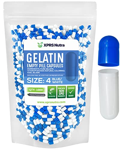 Image of XPRS Nutra Size 4 Empty Capsules - 1000 Count Small Empty Gelatin Capsules - Pills DIY Capsule Filling - Fillable Pure Bovine Pill Gel Caps for Do-It-Yourself Supplements (Blue /White)