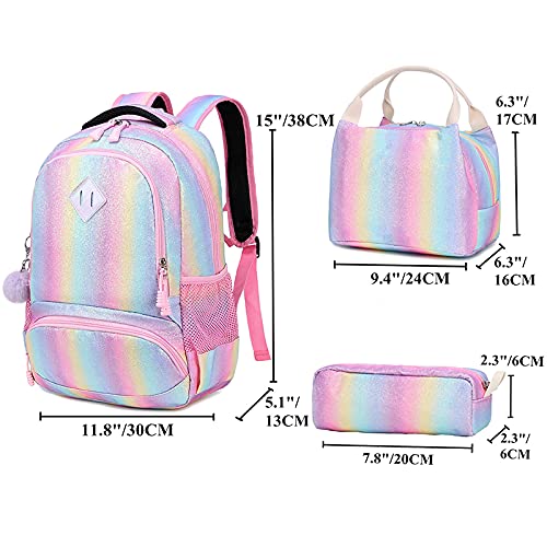 Rugzak meisjes schoolrugzak regenboog glitter rugzak kinderrugzak schooltassen set tiener kleurrijke schoolrugzak dames casual dagrugzak voor reizen werk, regenboog, - Image 6