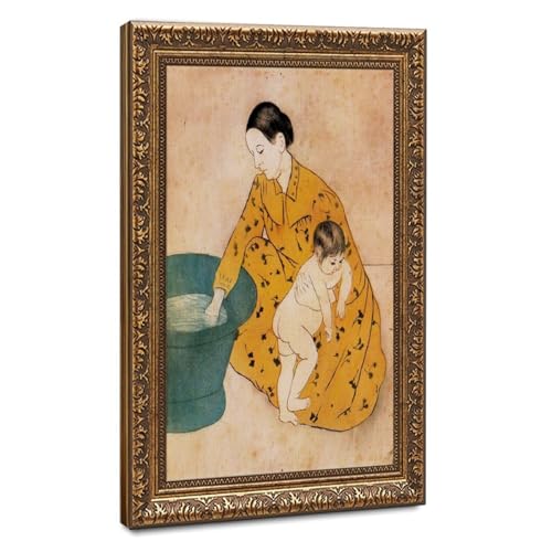 Toile Mary Cassatt The Bath de qualité musée, grand poster mural avec suspension en bois