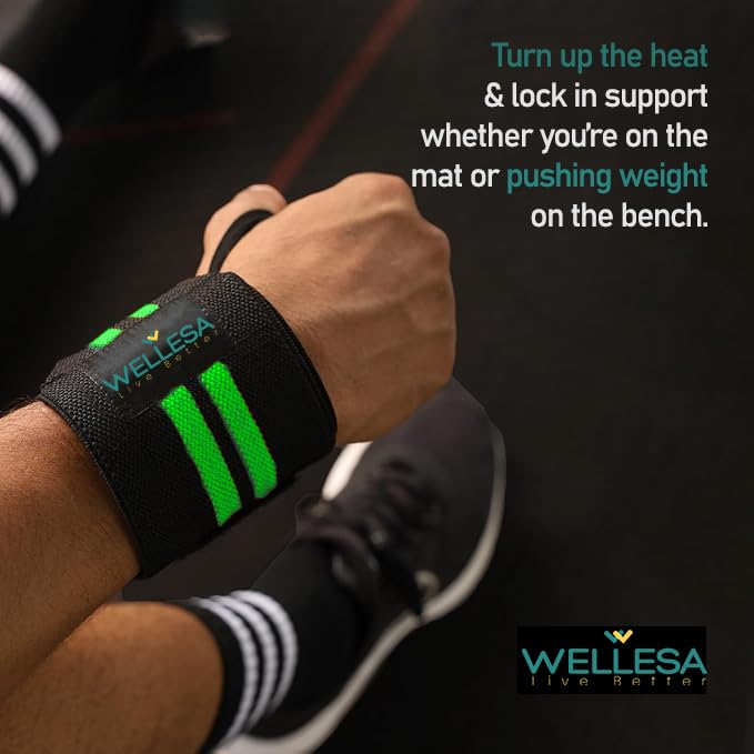 Image of Wellesa Wrist Support for Gym Workout | Wrist Band for Pain Relief & Weight Lifting | Wrist Wrap for Men & Women | Wrist Brace | Gym Accessories | One Size (Green 2 Line)
