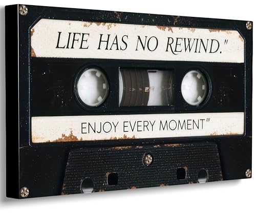 Inspirational Canvas Wall Art Vintage Music Cassette Tape Painting Picture Wall Decor Life has no rewind enjoy every moment Inspiring Poster Print Artwork for Office Bedroom Dormitory Home Decoration