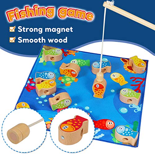 Aitey Fishing Game, 4 in 1 Wooden Magnetic Fishing Toys Montessori Sorting Stacking Fine Motor Skill Toys for Toddlers 2 3 4 Years Old Boys Girls
