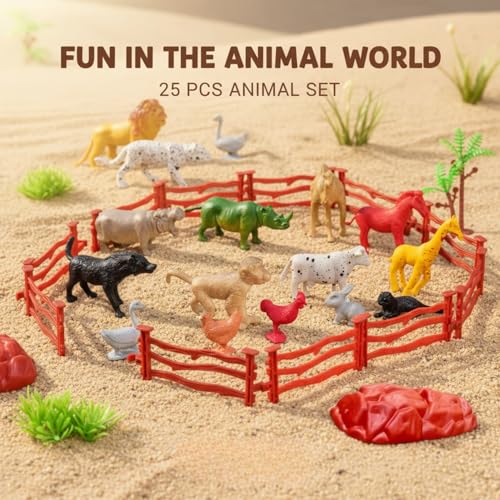 Image of ZESTHOME 25 PCS Animal Play Set| Wild Farm Animal Figures with Fence Trees Rocks | Realistic Educational Toys for Kids | Learning & Play | Gift Set