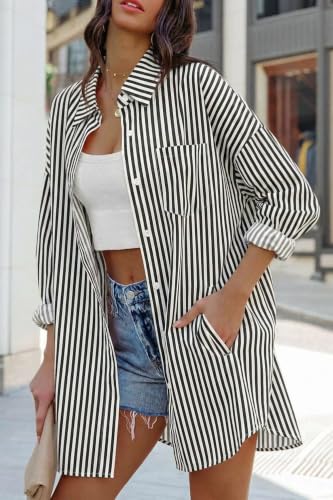 Image of FSHAOES Womens Oversized Button Down Shirts Casual Loose Long Sleeve Solid Lapel Long Blouses Tops with Pockets