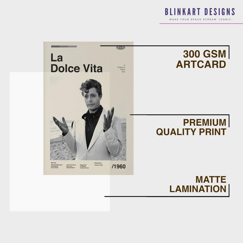 Image of BLINKART La Dolce Vita Movie Poster Frame 8x12 Inch | Premium 300 GSM Paper Wall Print | Mid Century Vintage Film Artwork for Home, Bedroom, Living Room, Office | Framed Photo Decor