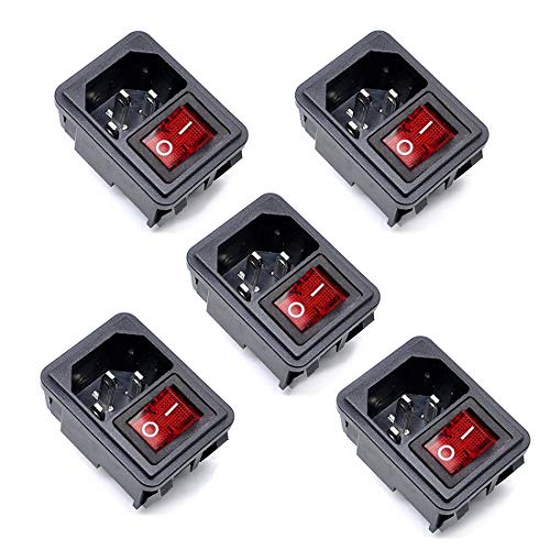Oiyagai 5pcs IEC320 C14 Inlet Module Connector Male Power Socket w Rocker Switch AC 250V 10A Red Light
