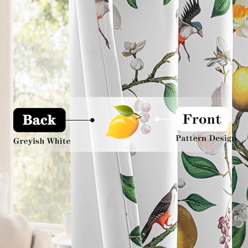 Image of MYSKY HOME Floral Curtains 95 Inch Long for Living Room Vintage Farmhouse Room Darkening for Dining Room Bedroom Lemon Hummingbird Patterned Thermal Insulated Drape, 2 Pcs, W52, Greyish White