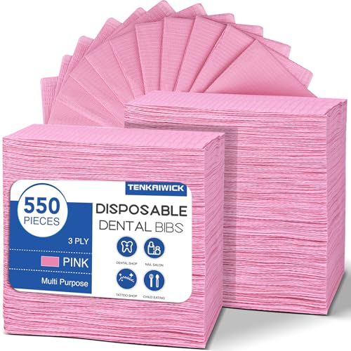 550 Pack Disposable Dental Bibs 13"x18", 3-Ply Waterproof Tattoo Bibs Sheet for Nail Salon, Dental Clinic, Feeding, Tattoo Shop (Pink)