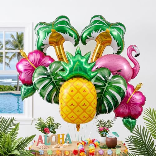 Tropical Party Decorations Foil Balloons Set 8 Pcs Hawaiian Decor Supplies with Flamingo Pineapple Palm Tree Monstera Leaves Summer Luau Aloha Safari Birthday Baby Shower Party Favors Props