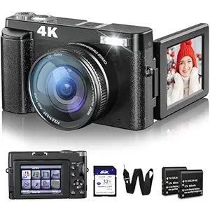Fulealfly 4K Digital Camera For Photography And Video, 48Mp Vlogging Camera With Sd Card Autofocus Anti-Shake, 3'' 180 Flip Screen Digital Camera With Flash 16X Zoom, Compact Camera For Travel-Gb 128