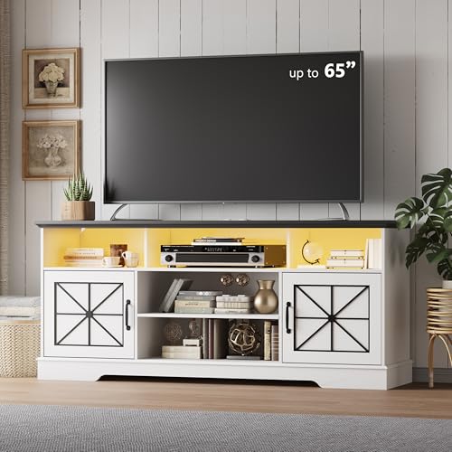 Image of Xixini Farmhouse TV Stand for 65 /60 /55 Inch Tvs, Rustic Entertainment Center with LED Lights and Power Outlets, Modern Media Console Table, Wood Television Furniture for Living Room, Bedroom, White