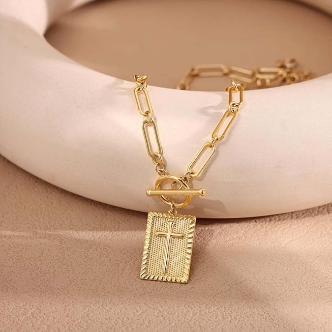 Cross Pendant Paperclip Chain Necklace, 14k Gold & Silver Plated - Chunky Cross Necklace Toggle Clasp Paperclip Chain, Dainty Charm Necklace, Waterproof&sweat-Resistant3
