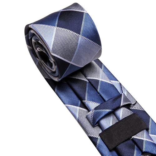 Image of Barry.Wang Plaid Ties Mens Silk Necktie and Tie Clip Checkered Tie for Wedding Party Business Formal