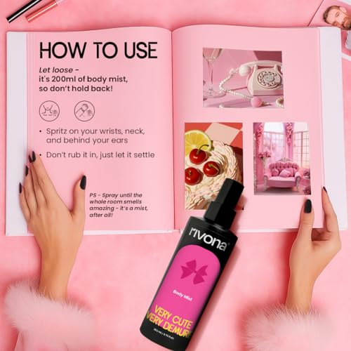 Image of Rivona Very Cute, Very Demure Body Mist | Fruity-Floral Long Lasting Body Spray for Women | Mandarin, Rose & Vanilla | 200ml