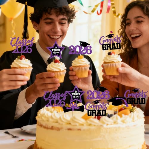 Image of 48 PCS Graduation Cupcake Toppers, 6 Styles Congrats Grad Cake Topper 2026, Graduation Decorations, Glittery Black and Purple Cap and Diploma Cake Picks for Grad Party Decor Supplies